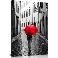 Woman With Red Umbrella Black & White Canvas Wall Art Picture Print (36x24in)