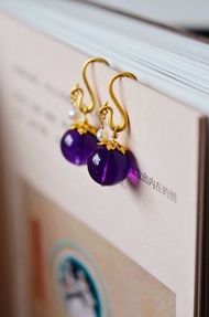 天然原礦紫水晶 珍珠古法金鳳設計耳勾耳環