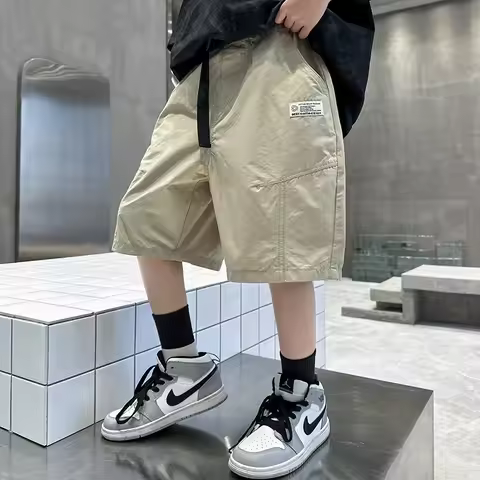 Kids Casual Solid Color Cargo Shorts for Tween Boys Khaki Black Summer Shorts Teenage Child Brief Kn