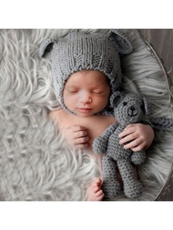 新生兒攝影道具,0-2個月手工編織嬰兒熊帽和2件裝攝影服飾配件