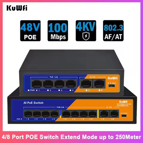 KuWFi POE Switch Fast RJ45 4/8 Port POE Ethernet Network Switch Extend up to 250 Meter Plug & Play f