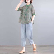 New Summer Ice Silk Jeans Casual Fashion Linen Two-Piece Set For Middle-Aged Moms Cotton Outfit