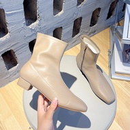 P44N Chunky Heel Velvet Boots - White Square Toe