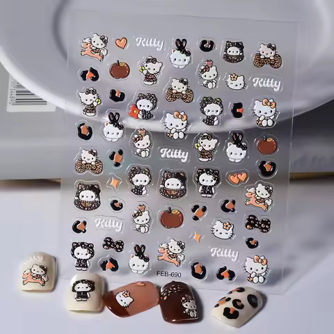 Miniso 5D Cartoon Sanrio Leopard Print Hello Kitty Nail Stickers Press On Nails Kawaii Hello Kitty H