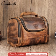 CONTACTS Genuine Leather Men Vintage Travel Handbags Large Capacity Functional Portable Makeup Bag T