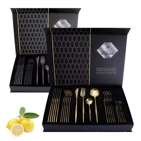 24PCS Gold Cutlery Sets Stainless Knife Forks Spoons Flatware Tableware Set Gift Box Portable Dinner
