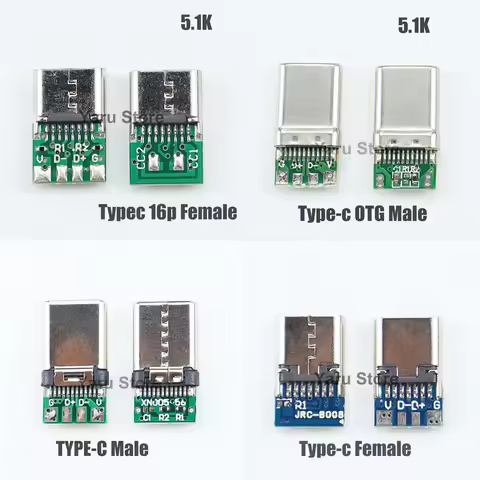 TypeC 16P Female Socket 6-core Dual 5.1K Resistor TypeC OTG Male 5.1K Resistor TYPE-C Male Female US