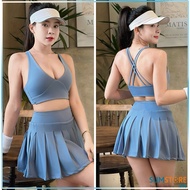 Set Váy Thể Thao Nữ Váy Xếp Ly Dây Chéo Màu Xanh Pastel - Đồ Thể Thao Tập Gym Yoga Zumba