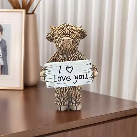 1 Funny Highland Cow Statue, Highland Cow Holding an I Love You Sign, Valentine's Day Gift, Best Gif
