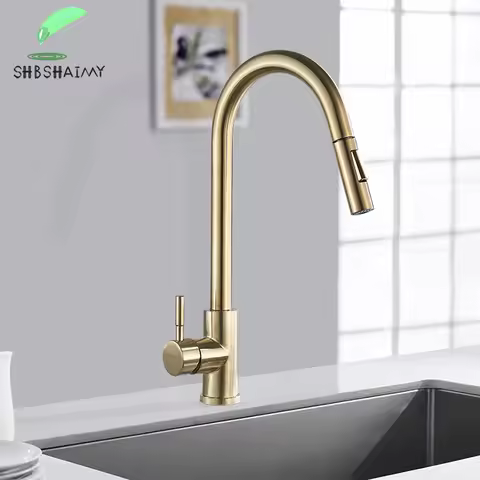 SHBSHAIMY Nickle Gold Kitchen Faucets Stainless Steel Pull Down Stream Sprayer Deck Mount Water Sink