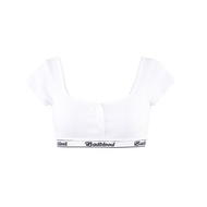 Badblood Wide Edge Knit U-คอแขนสั้นเสื้อยืดกีฬาผู้หญิงสลิมฟิตเส้นใยโพลีเอสเตอร์พร้อมปุ่มดีไซน์เปลือย