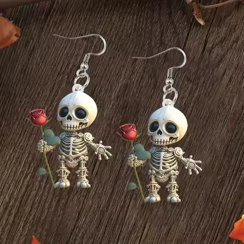 2D Flat Gothic Red Rose Skeleton Earrings Wedding Party Holiday Gift Skull Rose Acrylic Earring Hall