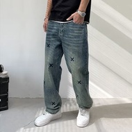 美式重工刺繡直筒褲子水洗牛仔褲男高街潮牌復古寬鬆休閒拖地長褲