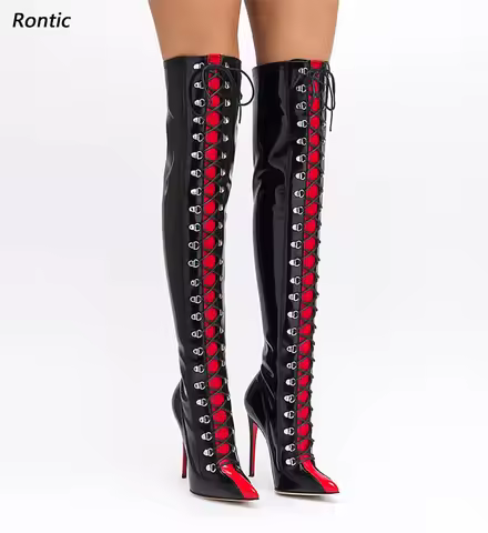 Rontic Custom Crafted Blue Thigh High Boots Stiletto Heel Design Red Detail Laces Pointed Toe Patent