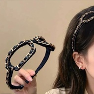 Bando Rantai Kulit Hitam Gaya Korea Chic Headband Minimalis Aksesori Rambut Wanita