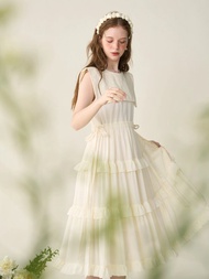 法式少女 提花刺繡 海軍領無袖大裙擺洋裝連身裙