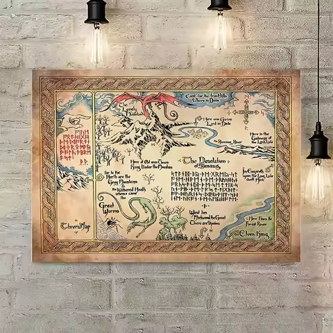 Vintage Middle Earth Lonely Mountain Map Poster The Hobbit Thorin's Map Wall Art Tolkien Fantasy Dec
