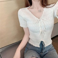 French V-neck lace up t-Shirt Women insFrench V-neck sweater short top Korean Version New Style Slim-fit Influencer short-Sleeved t-Shirt insFrench V @