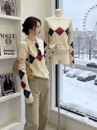 Elegant Retro Argyle Sleeves Knitwear