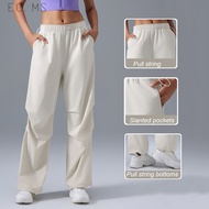 Women Sports Pants with Pockets Loose Straight Plated Wide Leg Drawstring Waist Cuffed Ankle Cargo P