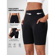 Plain Black Yoga High Waist Cycling Shorts with Side Pocket (Small - 5XL)
