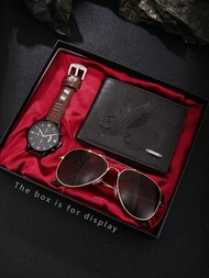 3 Pieces Of Men's Fashion Business Sports Leisure PU Strap Quartz Watch+Personalized Glasses+Wallet,