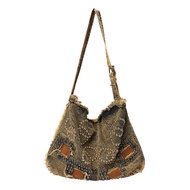 ELFSACK Vintage Casual Crossbody Bag Large Capacity Rivet Punk Denim Bag Wasteland Style Tote for Wo