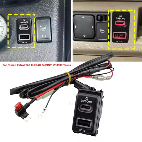 1PC Car Charger Fast Charger Type-C PD USB QC3.0 Socket Power Adapter Fit For Nissan Patrol Y62 X-TR