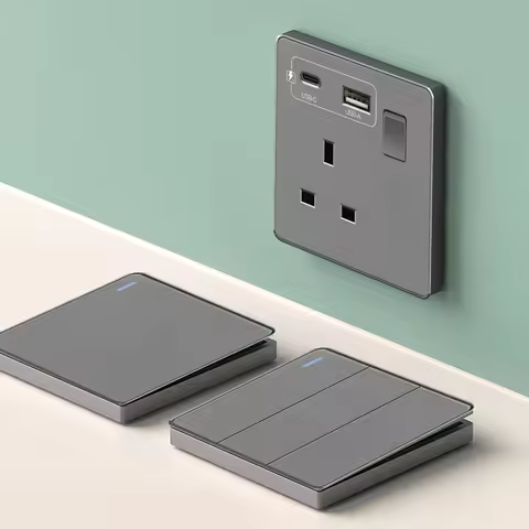 Grey Wall Switch with USB UK 13A Power Socket, Universal Wall Button Light Switch, Universal Socket