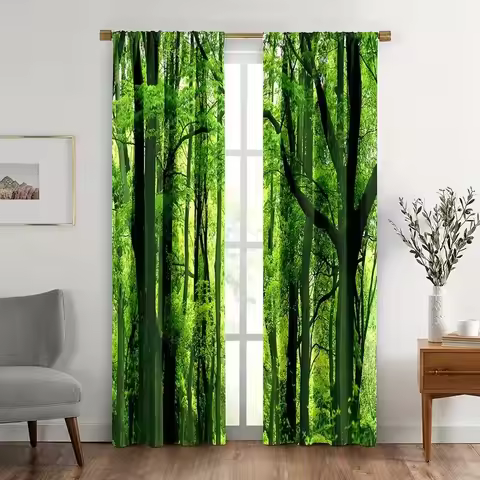 2pcs Lush Forest Printed Curtain， Design for Privacy， Polyester， Window Decor for Living Room Bedroo