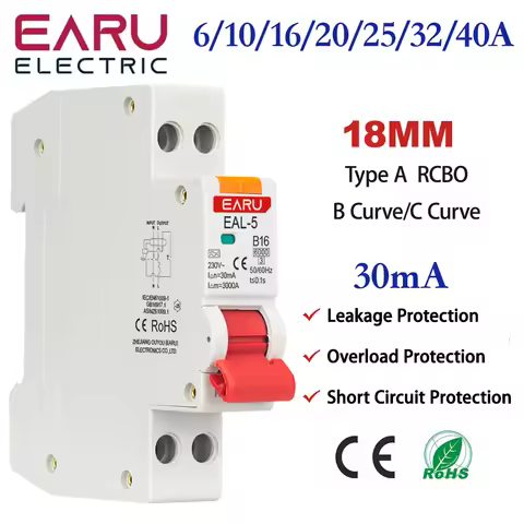 18MM RCBO Type A Residual Automatic Circuit Breaker 1P+N 6A 10A 16A 20A 32A 40A Curve C/B Over Curre