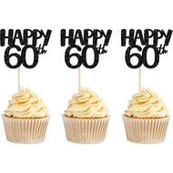 Gyufise 24Pcs Happy 60th Cupcake Toppers Black Glitter Number 60 Cupcake Pick Decorations for 60th B