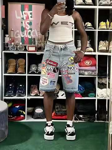 Y2k Composite Hiphop Cartoon Patchwork Jeans Streetwear Jean Blue Loose Short Casual Pattern Jean Sh