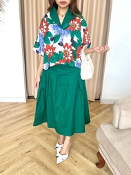 NANDO SET WANITA KEMEJA ROK KATUN JEPANG MOTIF BUNGA IMPORT LENGAN PENDEK ROK MIDI