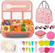 HAIMST Bento Lunch Box, 28Pcs Lunch Box Accessories for Kids Adult 1300ML Leak proof Bento Box 4 Compartments Lunch Container with Cookie Cutters Silicone Cupcake Liners Lunch Bag Fruit Forks (Pink)