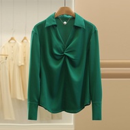 เสื้อเชิ้ตคอวีทรงเข้ารูปดีไซน์ลายพับ DU Home Brand เสื้อผ้าทำงานสไตล์เกาหลี แขนยาว ทรงหลวม สวมใส่ได้