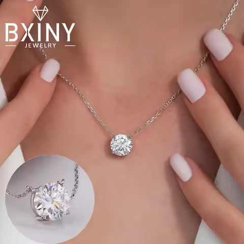 BXINY 1/2/3/5CT Round Moissanite Pendant Necklace S925 Silver 4-Prong Solitaire Diamond Neck Chain f