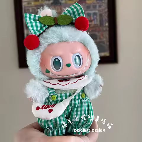Cherry Suit For 17cm Ropa Labubu 3.0 Big Into Energy Series Clothes Checked Jumpsuit Bow Tie Set Rop