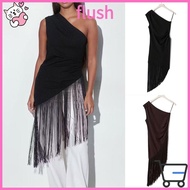 FLUSH Tassel Patchwork Top, Slim Fit Patchwork Design Asymmetrical Lady Tops, Y2K Style Skew-collar 