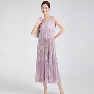 ❇✣✺ Aiden001 Average sizeWomen Summer Round Neck Sleeveless Loose Drape Mid-Length A-Line Pleated Dr