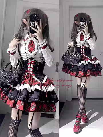 American Spice Girl Lolita Contrast Strap Waist Tie Shirt Puffy Skirt Set Pure Lust Princess Dress L