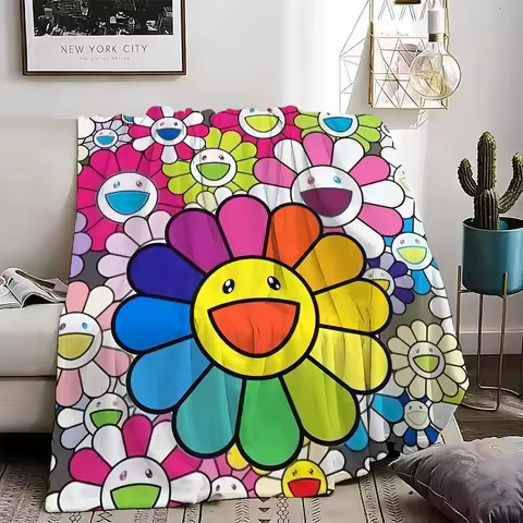 Smiling Flower Artwork Takashi Murakami Throw Lightweight 240g Flannel Blanket Soft Skin-friendly fo