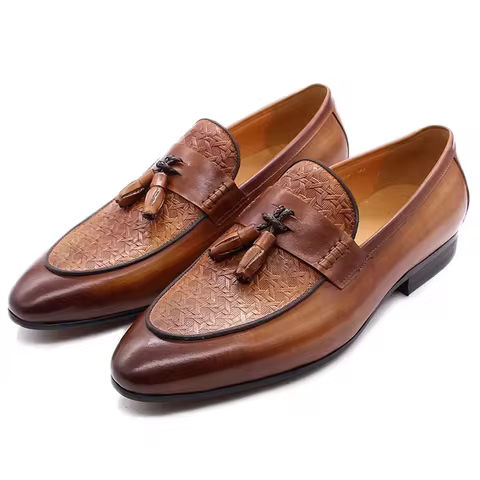 FELIX CHU Men's Genuine Leather Tassel Loafers Italian Luxury Fashion Slip-On Dress Shoes for Partie