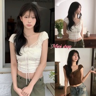 Mini shop Short-Sleeved Lace Shirt With Square Neck And Ribbon Bow Tie In Front Pleated Waist Belt K