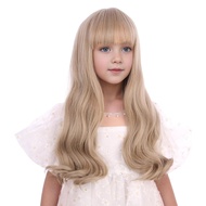 Mixed Blonde Wig for Kids Child Long Ash Blonde Wig with Flat Bangs Long Blonde Wavy Curly Wig for G