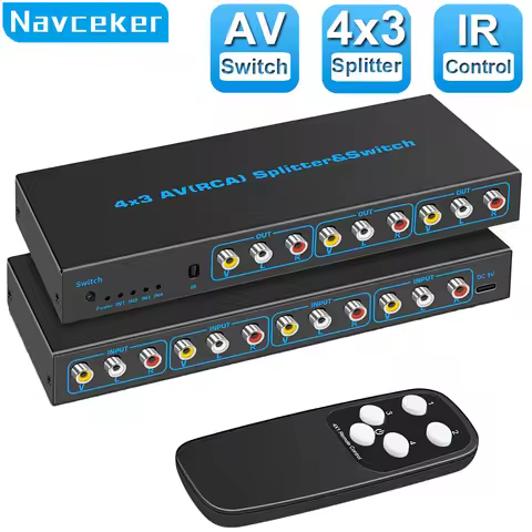 4 Way RCA Switch 4 in 3 Out AV Switch RCA Switcher Box Video L/R Stereo Audio AV Selector Box 4X3 Co