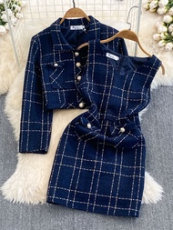 ฤดูใบไม้ร่วง ฤดูหนาว เรียบหรู Ladylike Long Sleeve ผ้าทวีด เสื้อแจ็คเก็ต And Vest กระโปรง Set ผู้หญิ