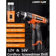 LOMVUM 12V &amp; 16V Cordless Screwdriver Drill Rechargeable Hand Drill Cordless Drill ScrewDriver Rechargeable Dual Speed