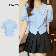 Lovito Casual Blouse Plain Ruched Button Blouse for Women L122AD109