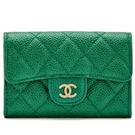 Chanel Metallic Pearly Green Quilted Caviar Classic Flap Card Holder Light Gold Hardware, 2018
